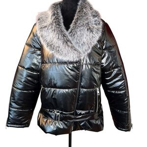 Women’s Black Puffer Jacket Grey Faux Fur Trim Belted NWOT Size 4XL Read Descrip